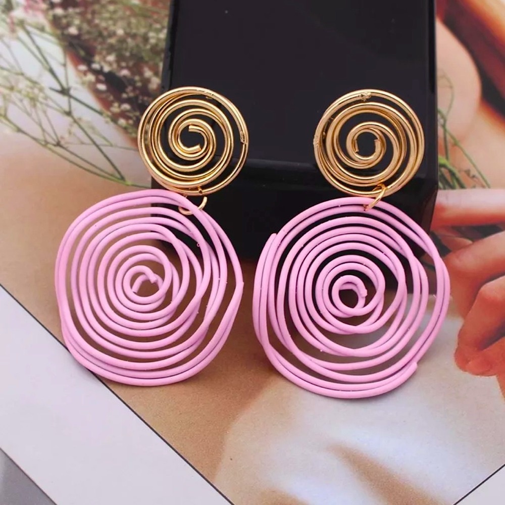 "Kendra" Asymmetrical Retro Hoop Gold Pink Swirl Abstract Art Geometric Earring